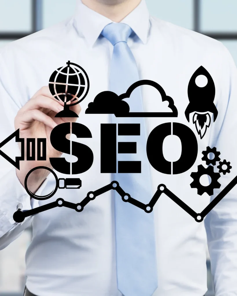 There is a man standing in the background of this image and one Word Witten which says SEO. Moreover, it has a globe icon, a rocket, settings, and some arrow icons. This image demonstrate that we are the SEO Company In Leeds and offering the best SEO Services