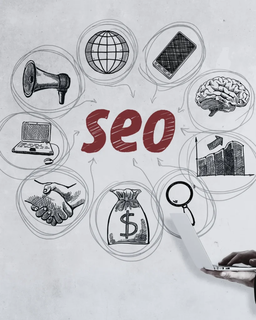 This image has a main word Written SEO and some icons floating around it.